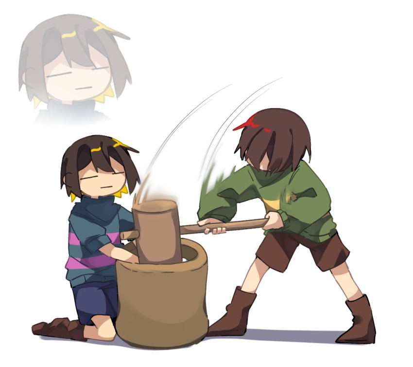 2others blue_sweater boots brown_boots chara_(undertale) closed_mouth collared_sweater food frisk_(undertale) green_sweater hammer holding holding_hammer kneeling long_sleeves mochi mochitsuki multiple_others nisess_42 other_focus punishment sweater swinging_weapon undertale white_background