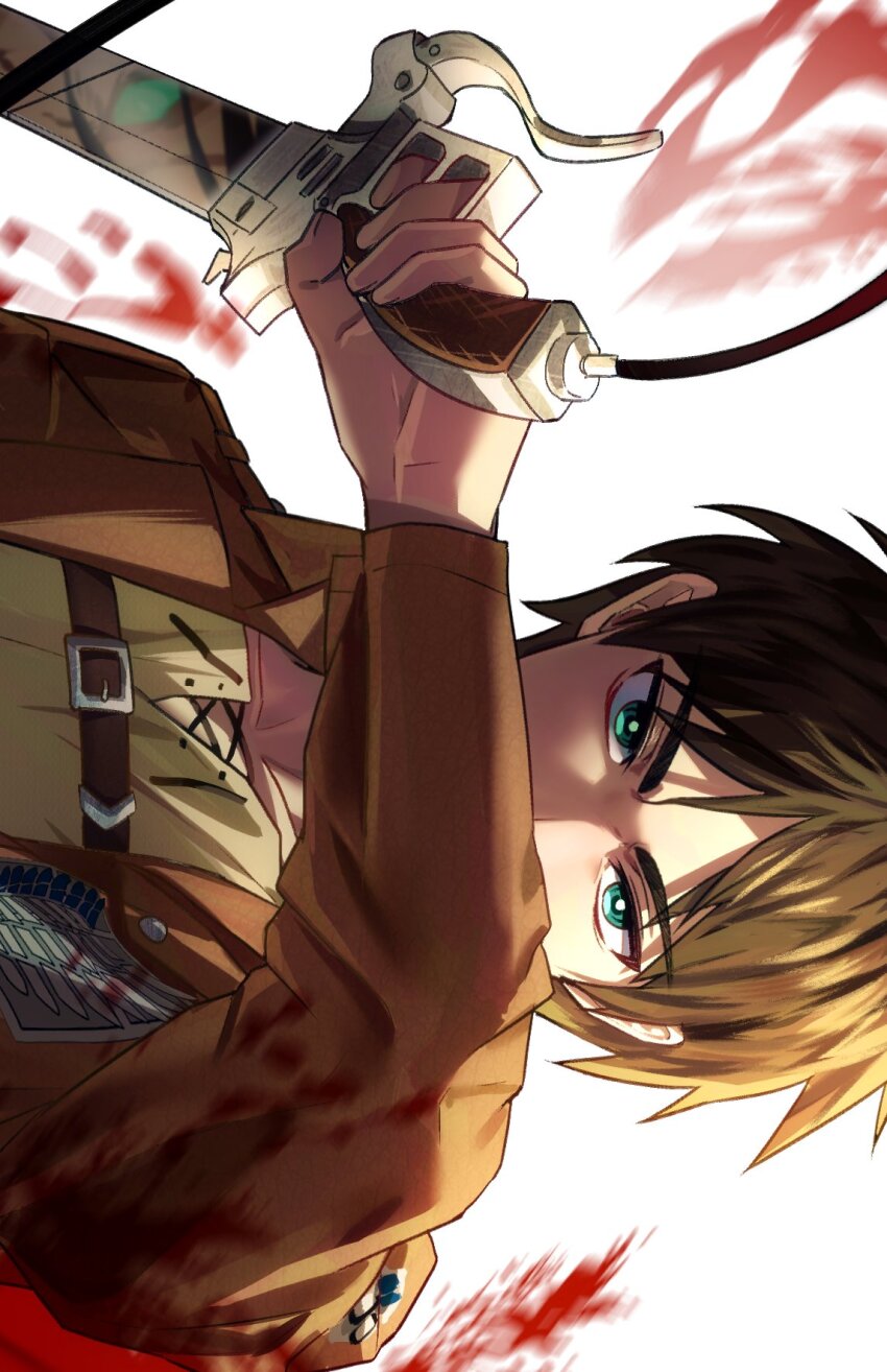 1boy blood blood_splatter brown_hair brown_jacket commentary eren_yeager furrowed_brow green_eyes hashtag-only_commentary highres holding holding_weapon iyo039 jacket long_sleeves looking_at_viewer male_focus military_jacket parted_bangs shingeki_no_kyojin shirt short_hair solo survey_corps_(emblem) three-dimensional_maneuver_gear upper_body weapon white_shirt