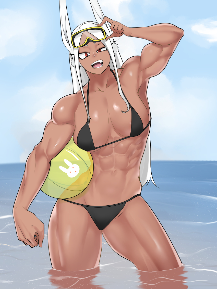 1girl abs absurdres adjusting_eyewear animal_ear_fluff animal_ears areola_slip armpits assha_(schector) ball beachball bikini black_bikini blue_sky boku_no_hero_academia breasts cloud commentary_request cowboy_shot dark-skinned_female dark_skin day goggles goggles_on_head highres holding holding_ball holding_beachball large_breasts long_hair looking_at_viewer mirko muscular muscular_female navel obliques ocean open_mouth outdoors rabbit_ears rabbit_girl red_eyes sidelocks sky solo swim_goggles swimsuit tan water white_hair
