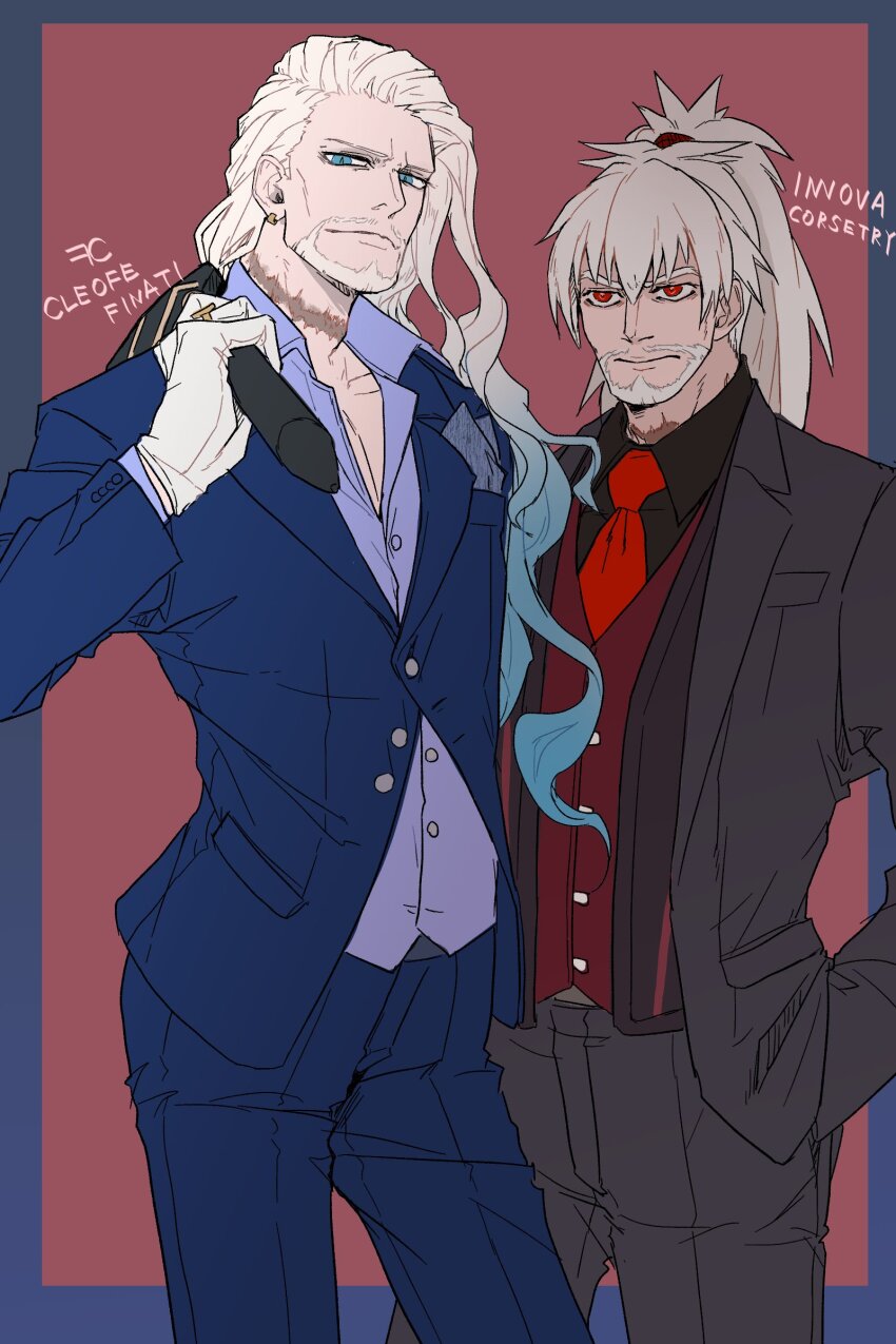 2boys absurdres alternate_hairstyle black_jacket black_pants black_shirt blonde_hair blue_border blue_eyes blue_pants blue_shirt border buttoned_cuffs buttons closed_mouth earrings facial_hair fate/grand_order fate_(series) formal_clothes gloves goatee gradient_hair hair_between_eyes highres holding ichifuji_(zekkyousand) jacket jewelry long_hair male_focus multicolored_hair multiple_boys mustache necktie pants ponytail red_background red_eyes red_necktie red_vest scar scar_on_neck shirt suit vest vlad_iii_(fate/apocrypha) vlad_iii_(fate/extra) white_gloves