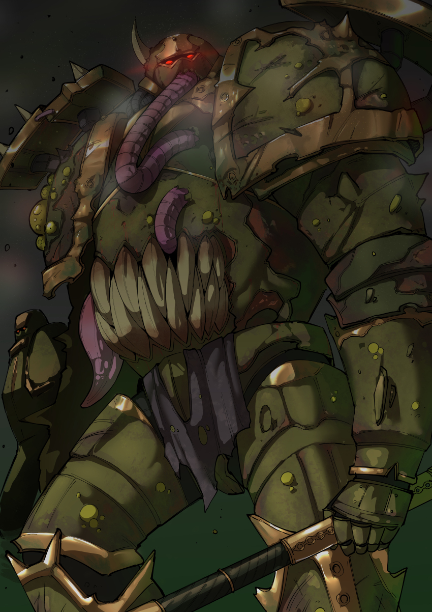 2others absurdres adeptus_astartes ambiguous_gender armor axe battle_axe chaos_space_marine commentary_request disease glowing glowing_eyes gold_trim green_armor green_background highres holding holding_axe holding_weapon loincloth looking_at_viewer monster multiple_others nurgle red_eyes science_fiction sharp_teeth shoulder_armor solo_focus spikes swordsealocust teeth warhammer_40k weapon worm