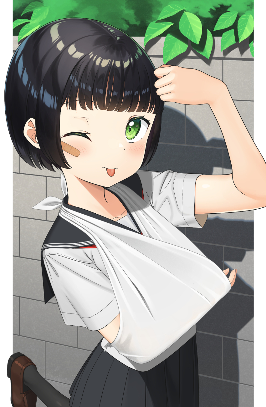 1girl :p apollo_(hu_maple) arm_sling bandages bandaid bandaid_on_face black_hair black_sailor_collar black_skirt black_socks blunt_bangs blunt_ends brick_wall brown_shoes collarbone commentary_request commission dojikko_pose dot_nose green_hair highres leaf leg_up light_blush loafers neckerchief one_eye_closed original outdoors pleated_skirt red_neckerchief sailor_collar school_uniform serafuku shoes short_hair short_sleeves skeb_commission skirt socks tongue tongue_out upper_body very_short_hair white_serafuku
