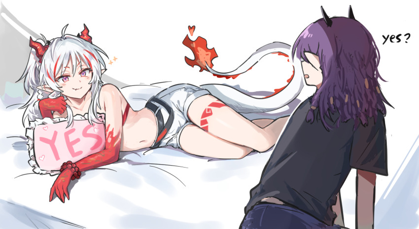 2girls ahoge arknights arm_tattoo bandeau bead_bracelet beads black_shirt bracelet braid colored_skin commentary_request demon_horns dragon_girl dragon_horns dragon_tail fang fang_out fire flame-tipped_tail highres horns jewelry lava_(arknights) lava_the_purgatory_(arknights) leg_tattoo long_hair looking_at_viewer lying mabing medium_hair multicolored_hair multiple_girls navel nian_(arknights) official_alternate_costume on_side ponytail purple_eyes purple_hair red_bandeau red_skin shirt shorts skin_fang stomach streaked_hair tail tattoo white_hair white_shorts yes yes-no_pillow