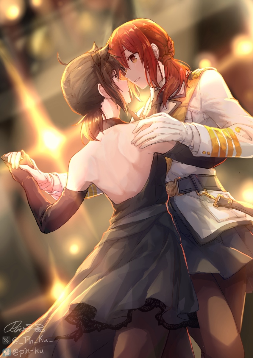 2girls alternate_costume backless_dress backless_outfit black_dress brown_eyes brown_hair dancing dress elbow_gloves female_admiral_(kancolle) gloves hair_flaps hatsuzuki_(kancolle) highres holding_hands kantai_collection military_uniform multiple_girls pin.s pleated_skirt red_hair short_hair skirt yellow_eyes yuri