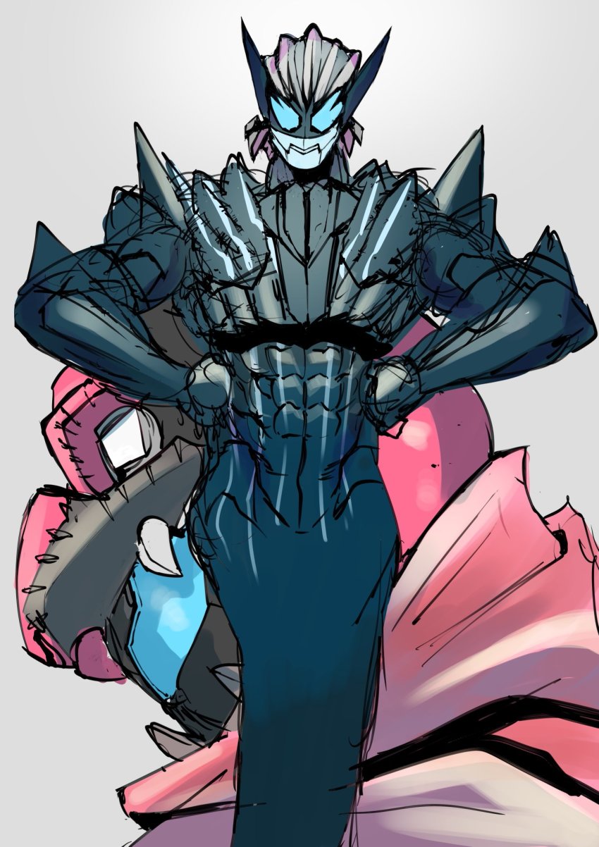 1boy abs animal_hood blue_eyes demon dual_persona hair_slicked_back highres hood ichitaka_(1015ichitaka) kamen_rider kamen_rider_revice kamen_rider_vice mask mouth_mask pink_scarf pointy_ears scarf sharp_teeth shoulder_spikes sketch spikes spirit tail teeth tyrannosaurus_rex vice_(kamen_rider_revice) white_hair