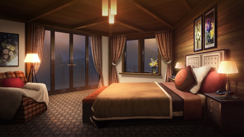 balcony bed bedroom blanket carpet chair condensation curtains daffodil dark desk_lamp flower forest hanging_light highres indoors lamp lodge mountainous_horizon nature night non-web_source official_art our_life our_life:_beginnings_and_always photo_(object) pillow plant potted_plant railing sunrise variant_set window window_fog