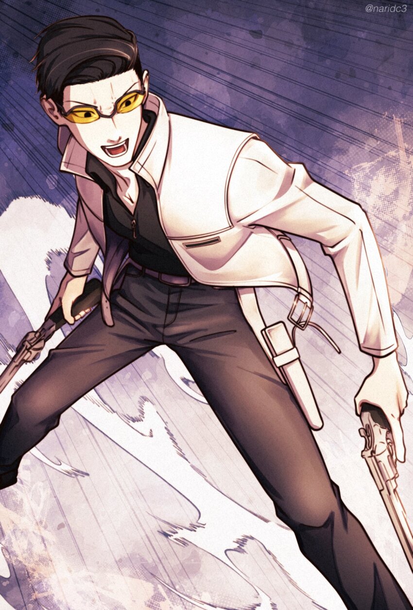 1boy belt black_hair black_pants black_shirt dual_wielding dust feet_out_of_frame fighting_stance gun handgun highres holding holding_gun holding_weapon holster jacket legs_apart long_sleeves male_focus naridc3 open_mouth pants shirt short_hair solo sunglasses tinted_eyewear trigger_discipline twitter_username weapon white_jacket world_trigger yellow-tinted_eyewear yuba_squad&#039;s_uniform yuba_takuma
