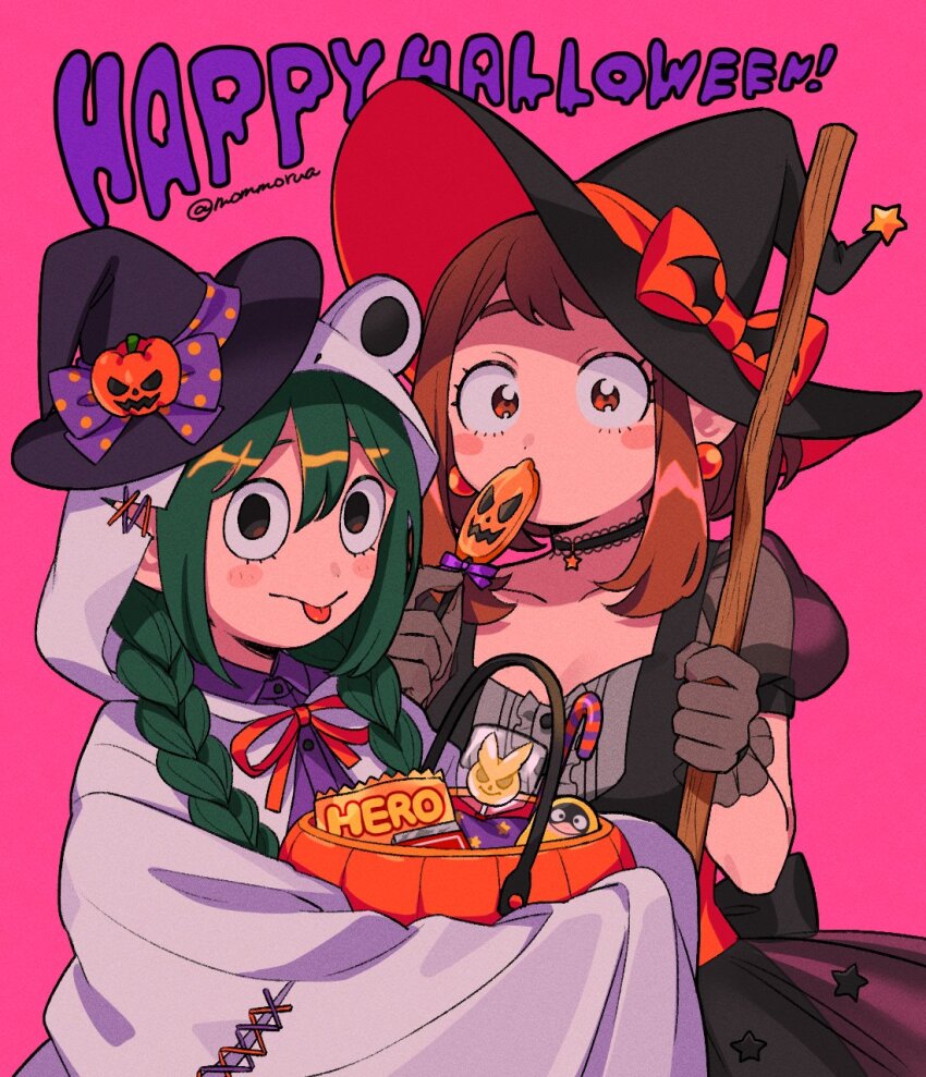 2girls all_might asui_tsuyu black_choker black_dress black_eyes black_headwear boku_no_hero_academia braid broom brown_eyes brown_gloves brown_hair candy candy_cane choker dress earrings fat_gum_(boku_no_hero_academia) food ghost_costume gloves green_hair halloween halloween_bucket halloween_costume happy_halloween hat highres holding holding_broom holding_candy holding_food holding_lollipop jack-o&#039;-lantern_hat_ornament jewelry lollipop looking_at_viewer mommorua multiple_girls purple_shirt shirt short_hair sidelocks tongue tongue_out twin_braids upper_body uraraka_ochako witch_hat
