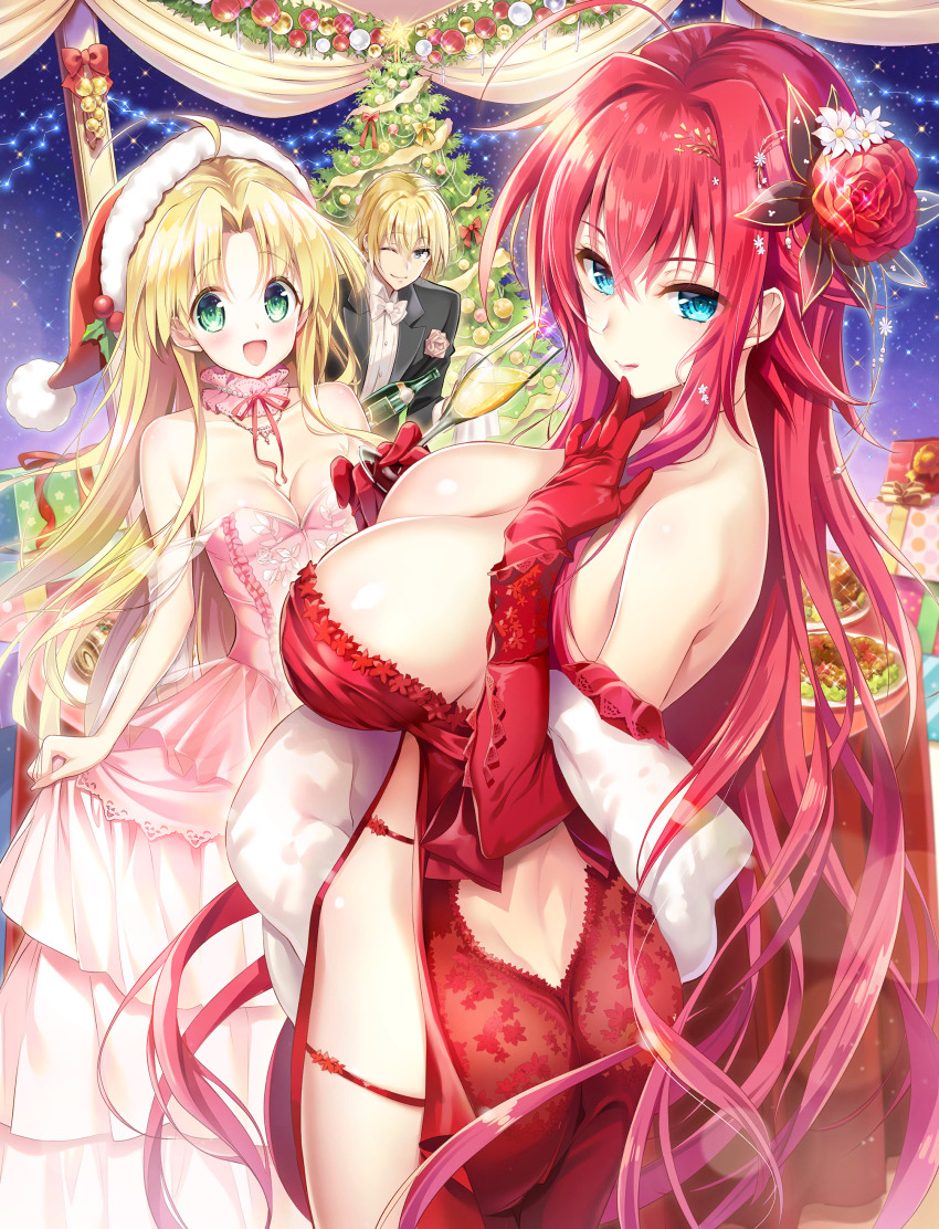 1boy 2girls absurdres ahoge alcohol asia_argento ass back_cutout bare_shoulders blonde_hair blue_eyes breasts champagne christmas christmas_tree cleavage clothing_cutout cup dress drinking_glass elbow_gloves fantasia_re:build food formal_clothes frilled_dress frills gloves green_eyes high_school_dxd highres holding holding_drinking_glass huge_breasts kiba_yuuto large_breasts licking_lips lips long_hair looking_at_viewer looking_back medium_breasts multiple_girls no_bra official_art one_eye_closed open_mouth red_dress red_gloves red_hair rias_gremory sideboob sideless_outfit sidelocks small_breasts smile thighs tongue tongue_out tree very_long_hair wink youta