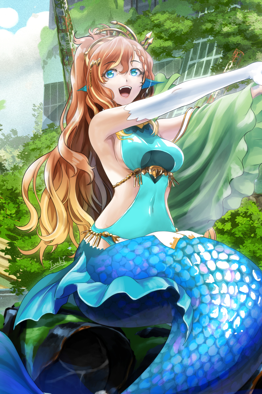 1girl :d blue_eyes breasts brown_hair cloud commentary_request covered_navel elbow_gloves fins gloves head_fins highres ivuki large_breasts long_hair mermaid monster_girl open_mouth original outdoors outstretched_arms ruins sitting smile solo upper_body white_gloves