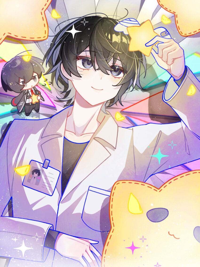 2boys :3 :o bandaged_wings bandaid bandaid_on_wing black_coat black_eyes black_hair black_pants black_shirt black_vest breast_pocket cartoon_wings chibi closed_lab_coat closed_mouth coat coat_on_shoulders collarbone commentary crystal_wings dual_persona eyelashes_through_hair falling_petals finame0 flying_sweatdrops from_above glass_shards highres holding holding_star id_card jitome lab_coat lapels light_particles limbus_company long_sleeves looking_at_another looking_at_object lying male_focus messy_hair multicolored_wings multiple_boys necktie notched_lapels notice on_back pants petals pocket project_moon red_necktie sang_yi_(project_moon) shirt short_hair smile sparkle star_(symbol) stitches stuffed_star symbol-only_commentary upper_body vest white_coat white_shirt white_trim white_wings wings yellow_petals yi_sang_(project_moon)