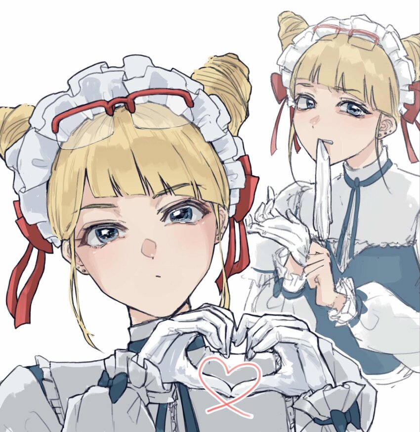 1girl adjusting_clothes adjusting_gloves blonde_hair blue_eyes closed_mouth commentary_request cone_hair_bun double_bun glove_in_mouth gloves hair_bun hands_up heart heart_hands heart_in_heart_hands highres jasmine_(toshi_densetsu_kaitai_center) looking_at_viewer maid maid_headdress mouth_hold multiple_views official_alternate_costume putting_on_gloves red_ribbon ribbon runa_(artemis_46) short_hair simple_background toshi_densetsu_kaitai_center unworn_gloves upper_body white_background white_gloves