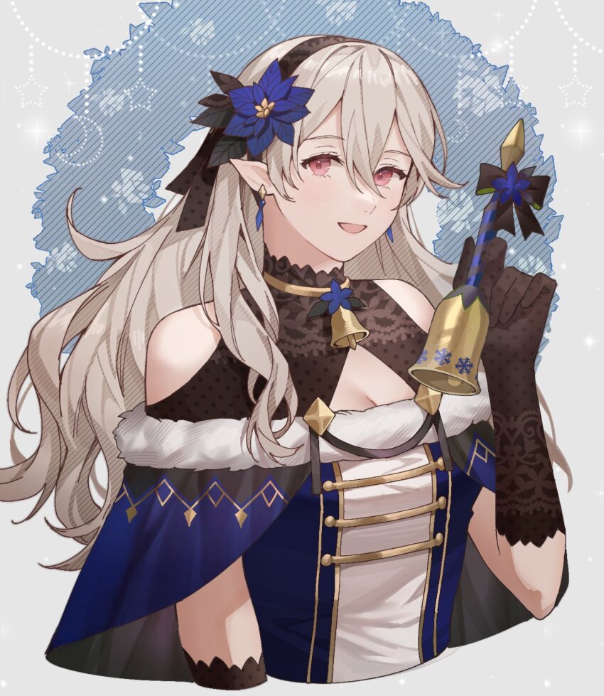 1girl ai_tkkm alternate_costume bare_shoulders bell black_gloves black_hairband blue_dress blue_flower christmas clothing_cutout commentary_request female_corrin_(fire_emblem) dress earrings fire_emblem fire_emblem_fates flower gloves grey_hair hair_between_eyes hair_flower hair_ornament hairband highres holding holding_bell jewelry long_hair looking_at_viewer nintendo open_mouth pointy_ears red_eyes shoulder_cutout smile solo