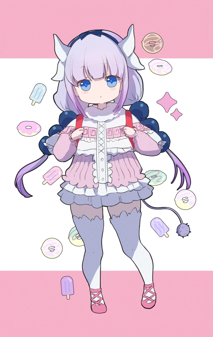 1girl backpack bag blue_eyes blue_hairband blush capelet child closed_mouth donut dot_mouth dragon_horns dragon_tail eyebrows_hidden_by_hair flat_chest food full_body hairband highres horns kanna_kamui kobayashi-san_chi_no_maidragon long_hair looking_at_viewer nagi_(pickles_pipipi) pink_background pink_shoes popsicle purple_hair randoseru shoes solo tail thighhighs twintails two-tone_background white_background white_capelet white_thighhighs