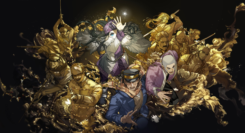 1girl 6+boys arlizi asirpa black_background black_hair cape fur_cape gold golden_kamuy gun hat highres hijikata_toshizou_(golden_kamuy) katana koito_otonoshin multiple_boys ogata_hyakunosuke scar scarf shaved_head shiraishi_yoshitake sugimoto_saichi sword tanigaki_genjirou tsukishima_hajime tsurumi_tokushirou ushiyama_tatsuma weapon