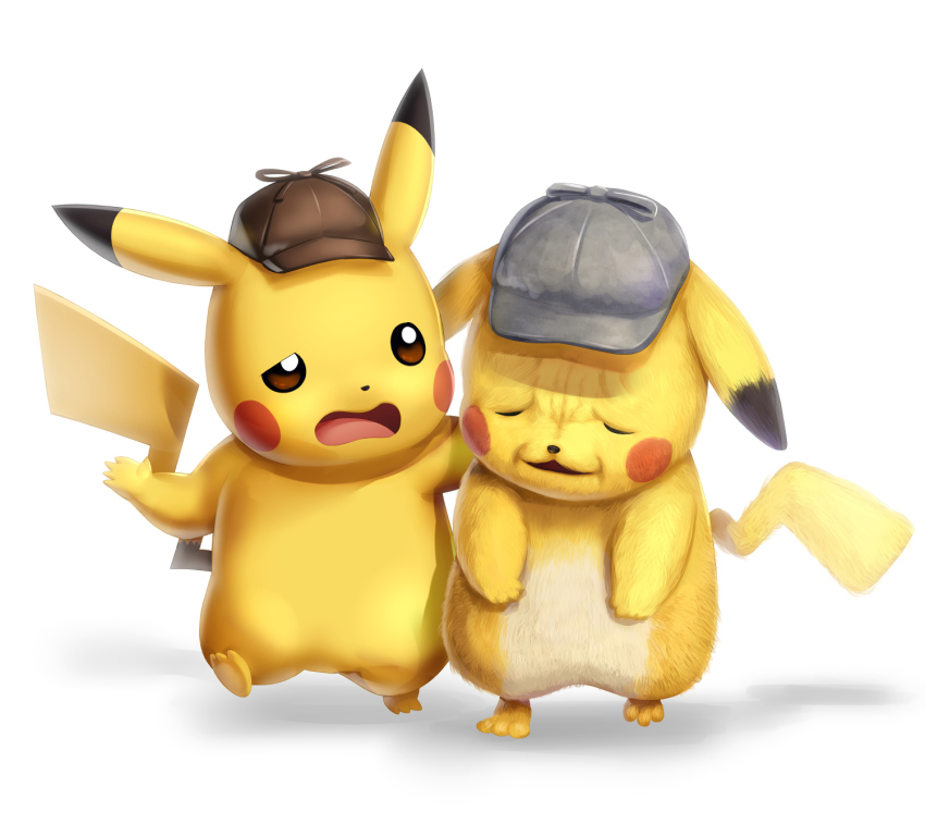 brown_headwear closed_eyes clothed_pokemon commentary_request detective_pikachu_(character) detective_pikachu_(game) detective_pikachu_(movie) detective_pikachu_(series) gen_1_pokemon gonzarez grey_headwear hat head_down highres nintendo no_humans open_mouth pikachu pokemon pokemon_(creature) textless_version tongue walking white_background wrinkled_frown_(detective_pikachu) yellow_fur