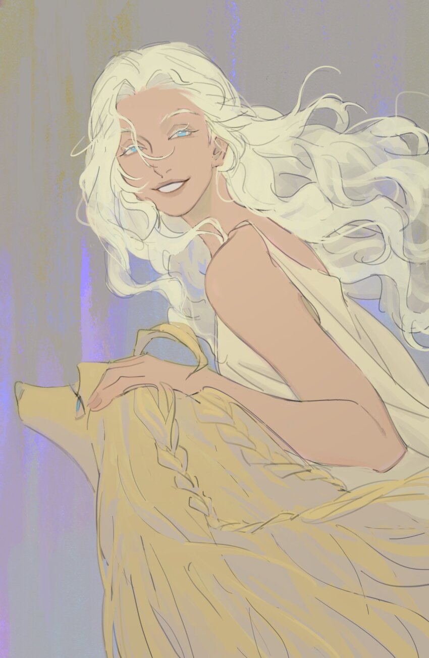 1girl afghan_hound alternate_costume argos_(ff14) bare_arms bare_shoulders blonde_hair blue_eyes colored_eyelashes dog final_fantasy final_fantasy_xiv floating_hair from_side grey_background grin highres long_hair looking_at_viewer maotuiii shirt sketch sleeveless sleeveless_shirt smile upper_body venat_(ff14) wavy_hair white_shirt