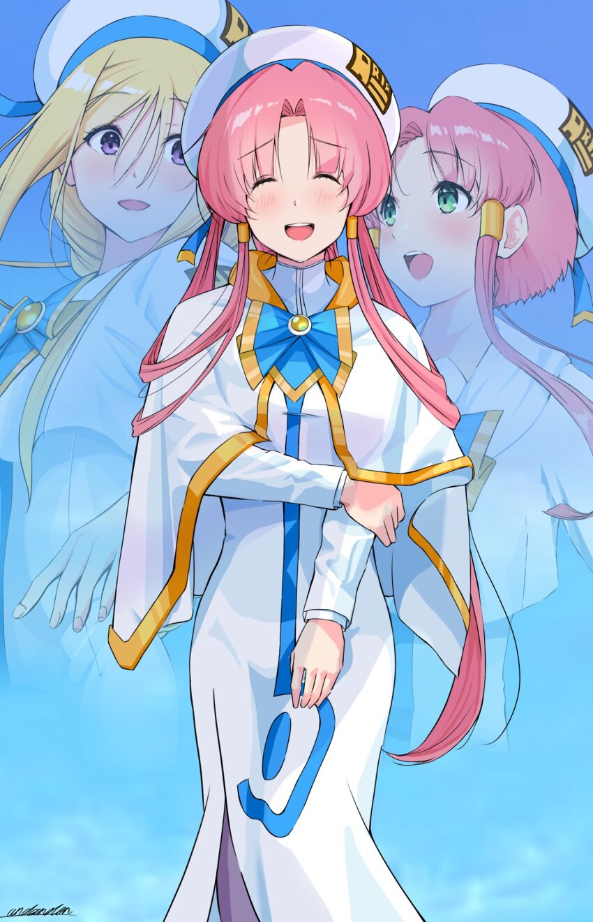 2girls alicia_florence andanden aria_(manga) aria_company_uniform aria_the_avvenire blonde_hair blue_background blue_bow blue_bowtie blue_sky blush bow bowtie breasts capelet closed_eyes cropped_torso dress feet_out_of_frame gold_trim green_eyes hair_tubes highres long_dress long_hair looking_at_viewer medium_breasts mizunashi_akari multiple_girls open_mouth outdoors pantyhose parted_bangs purple_eyes purple_pantyhose remembering short_hair_with_long_locks side_slit signature sky teeth undine_(aria) upper_teeth_only white_capelet white_dress