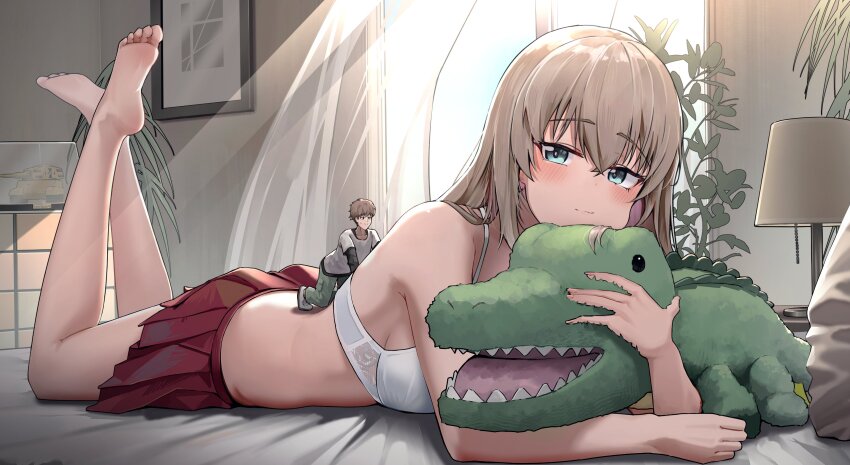1boy 1girl :| absurdres barefoot blue_eyes blush bra closed_mouth commission display girls_und_panzer green_pants grey_hair hanabusaraleigh highres holding itsumi_erika lamp long_hair looking_at_viewer military_vehicle mini_person motor_vehicle painting_(object) pants plant potted_plant red_skirt shoes short_hair skirt smile stuffed_animal stuffed_crocodile stuffed_toy sunlight tank tiger_ii underwear white_bra white_shoes white_skirt window