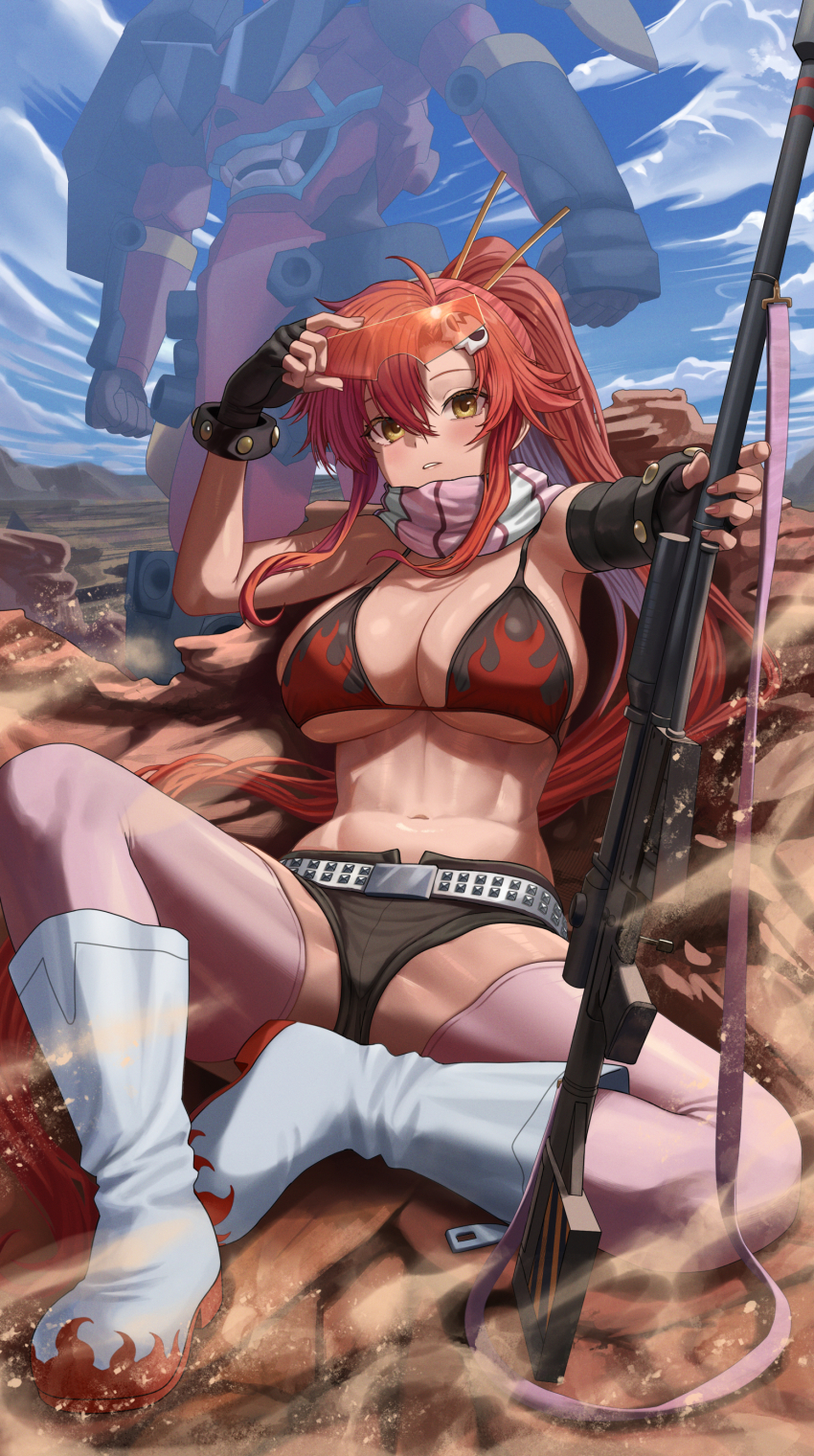 1girl absurdres anti-materiel_rifle bare_shoulders belt bikini black_gloves black_shorts boota_(ttgl) boots breasts cleavage elbow_gloves fingerless_gloves gloves gun highres large_breasts looking_at_viewer navel ponytail red_hair rifle scarf short_shorts shorts sidelocks silvertsuki sitting sniper_rifle solo swimsuit tengen_toppa_gurren_lagann thighhighs weapon yellow_eyes yoko_littner