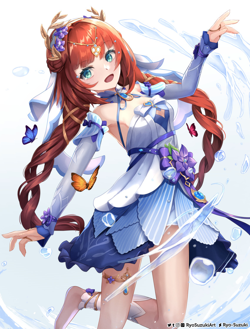 1girl absurdres aqua_eyes bare_shoulders blue_butterfly blue_sleeves blush breasts bug butterfly circlet cleavage commentary_request detached_sleeves deviantart_username dress flower foot_out_of_frame genshin_impact gradient_sleeves hair_flower hair_ornament highres hydrokinesis insect jewelry leg_up long_hair looking_at_viewer medium_breasts nilou_(breeze_of_sabaa)_(genshin_impact) nilou_(genshin_impact) official_alternate_costume orange_butterfly purple_flower red_butterfly red_hair ryo-suzuki sleeveless sleeveless_dress solo thighlet twitter_username veil very_long_hair vision_(genshin_impact) water white_background white_dress white_sleeves white_veil