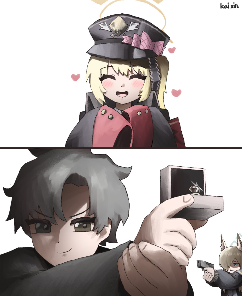 1boy 2girls :d ^_^ absurdres aiming animal_ear_fluff animal_ears armband black_coat black_eyes black_hair black_jacket black_ribbon blonde_hair blue_archive blue_archive_the_animation blue_eyes closed_eyes coat commentary dog_ears dog_girl english_commentary glock gun hair_over_one_eye halo handgun hat heart highres holding holding_gun holding_weapon ibuki_(blue_archive) jacket jewelry kai_xin kanna_(blue_archive) long_hair long_sleeves looking_at_viewer multiple_girls open_clothes open_jacket open_mouth parted_bangs peaked_cap police police_uniform policewoman red_armband ribbon ring ring_box school_uniform sensei_(blue_archive) sensei_(blue_archive_the_animation) sharp_teeth sidelocks simple_background smile teeth weapon wedding_ring