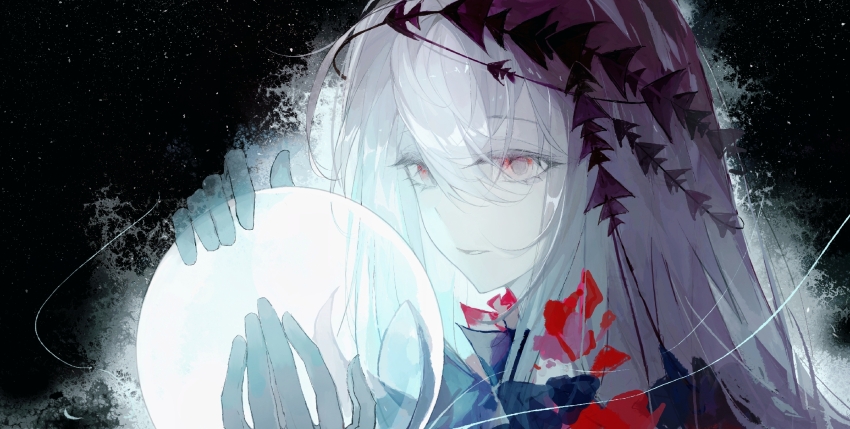 1girl arknights chinese_commentary commentary_request eyes_visible_through_hair fading grey_hair hair_between_eyes highres holding_orb light_particles light_trail long_hair orb parallel_shuang_xian_shouheng parted_lips red_eyes skadi_(arknights) skadi_the_corrupting_heart_(arknights) solo