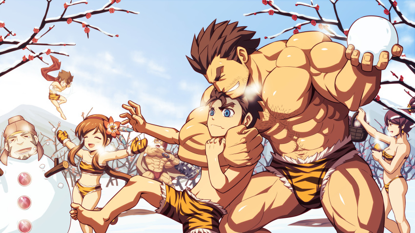 2girls 5boys abs animal_print bara bare_pectorals beard bikini body_hair child cold facial_hair highres large_pectorals long_hair male_swimwear mature_male multiple_boys multiple_girls muscular muscular_male pectorals pon ponytail print_bikini print_male_swimwear print_swim_briefs sangokushi_puzzle_taisen scarf short_hair snow snowball snowman strapless strapless_bikini swim_briefs swim_trunks swimsuit tiger_print tiger_print_bikini topless_male zelo-lee