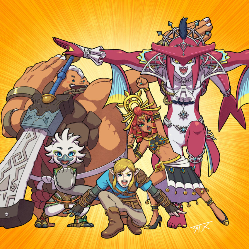 1girl 4boys anklet arm_up armlet armor ascot bird_boy blonde_hair blue_eyes blue_lips blue_vest bracelet chain champion&#039;s_tunic_(zelda) circlet colored_skin dark-skinned_female dark_skin dragon_ball dragonball_z dynamic_pose emphasis_lines eyeshadow feathers fingerless_gloves fins fish_boy flat_chest frilled_cuffs gechotaris gerudo ginyu_force_pose gloves goron green_eyes headpiece high_heels highres jewelry leather leather_armor leather_gloves link makeup multiple_boys narrow_waist nintendo open_mouth orange_background outstretched_arms parody pauldrons pointy_ears red_hair red_skin riju rito sharp_teeth shoulder_armor sidelocks sidon skinny skirt_cutout squatting standing standing_on_one_leg super_sentai teeth the_legend_of_zelda the_legend_of_zelda:_tears_of_the_kingdom vest webbed_hands white_feathers white_hair wrist_cuffs yellow_eyes yellow_nails yunobo zora