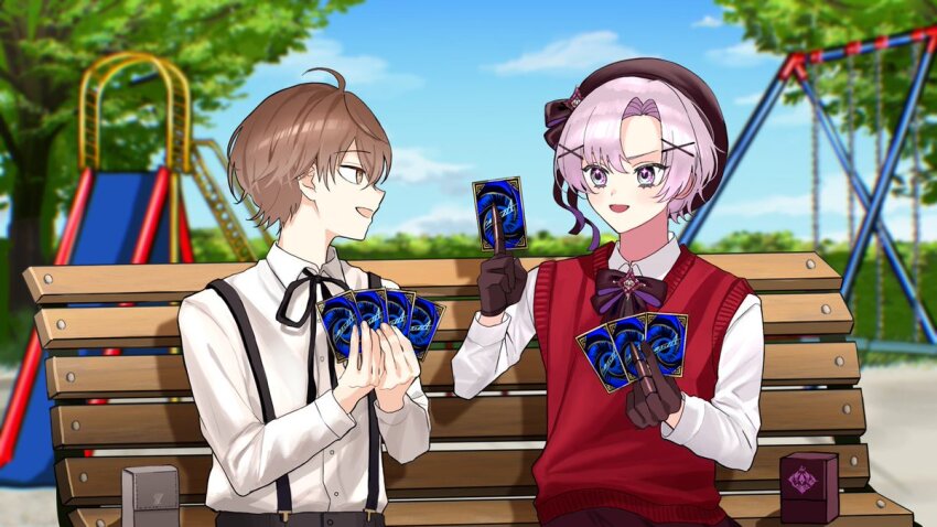2boys :d ahoge bench beret black_bow black_bowtie black_gloves black_hat black_ribbon blue_sky blurry blurry_background bow bowtie brooch brown_eyes brown_hair bush buttons card clawed_gauntlets cloud collared_shirt commentary_request crossed_bangs day genderswap genderswap_(ftm) gloves hair_between_eyes hair_ornament hat hat_ribbon holding holding_card hyakumantenbara_salome jewelry kagami_hayato long_sleeves looking_at_another looking_to_the_side male_focus matsuyukisub multiple_boys neck_ribbon nijisanji on_bench open_mouth outdoors parted_bangs playground playing_card purple_eyes purple_hair red_sweater_vest ribbon school_uniform second-party_source shirt short_hair sitting sky slide smile suspenders sweater_vest swing_set tree v-shaped_eyebrows virtual_youtuber white_shirt x_hair_ornament