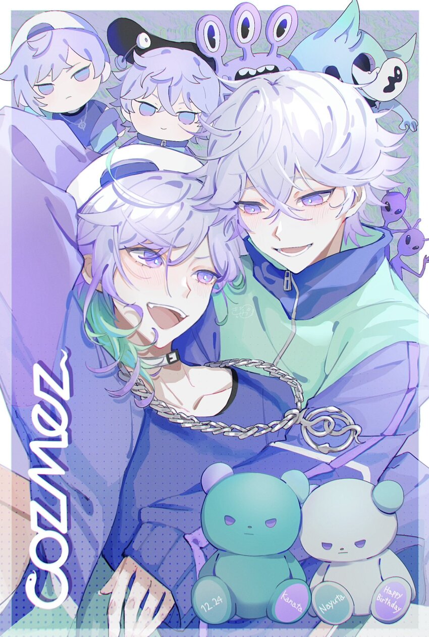 2boys aqua_hair border brothers cozmez_(paradox_live) grey_background highres hug k_planet_0 looking_at_another male_focus medium_hair multicolored_hair multiple_boys open_mouth paradox_live purple_eyes purple_hair short_hair siblings smile teeth twins white_border yatonokami_kanata yatonokami_nayuta