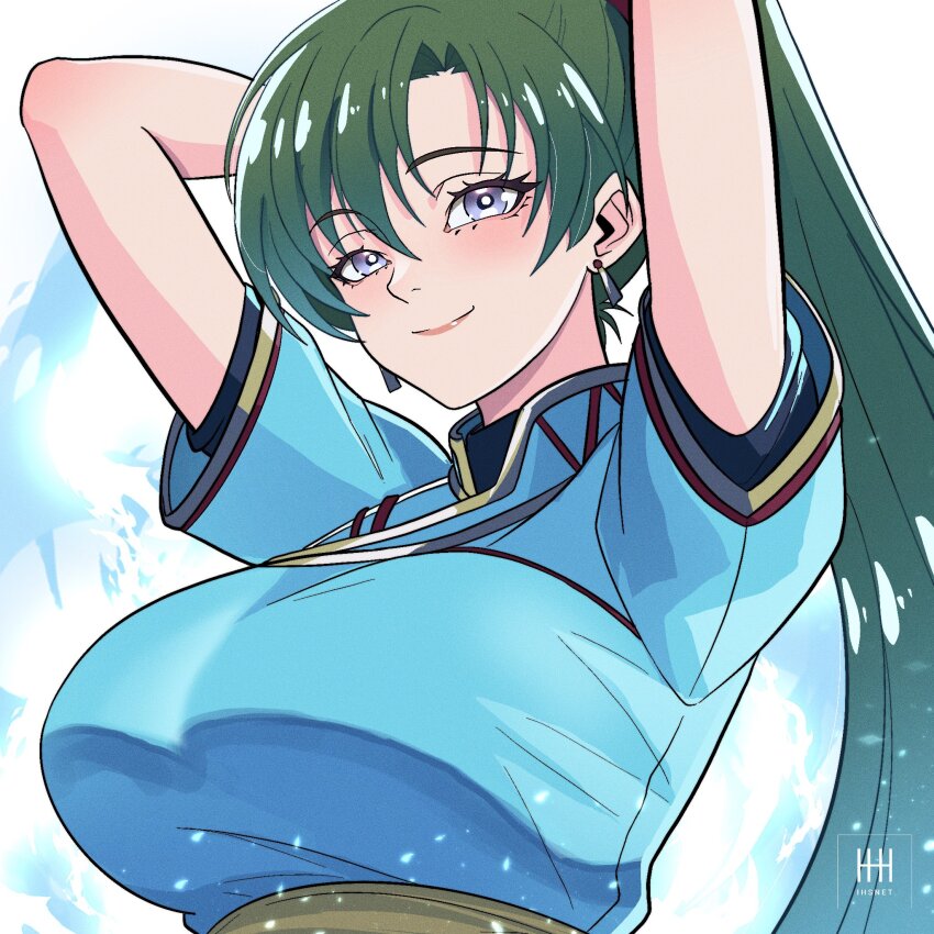 1girl aura blue_aura breasts bright_pupils closed_mouth commentary english_commentary eyelashes fire_emblem fire_emblem:_the_blazing_blade fire_emblem_engage fire_emblem_heroes green_hair hair_between_eyes high_ponytail highres ihsnet large_breasts long_hair lyn_(emblem)_(fire_emblem) lyn_(fire_emblem) nintendo parted_bangs ponytail purple_eyes smile solo tying_hair upper_body white_pupils
