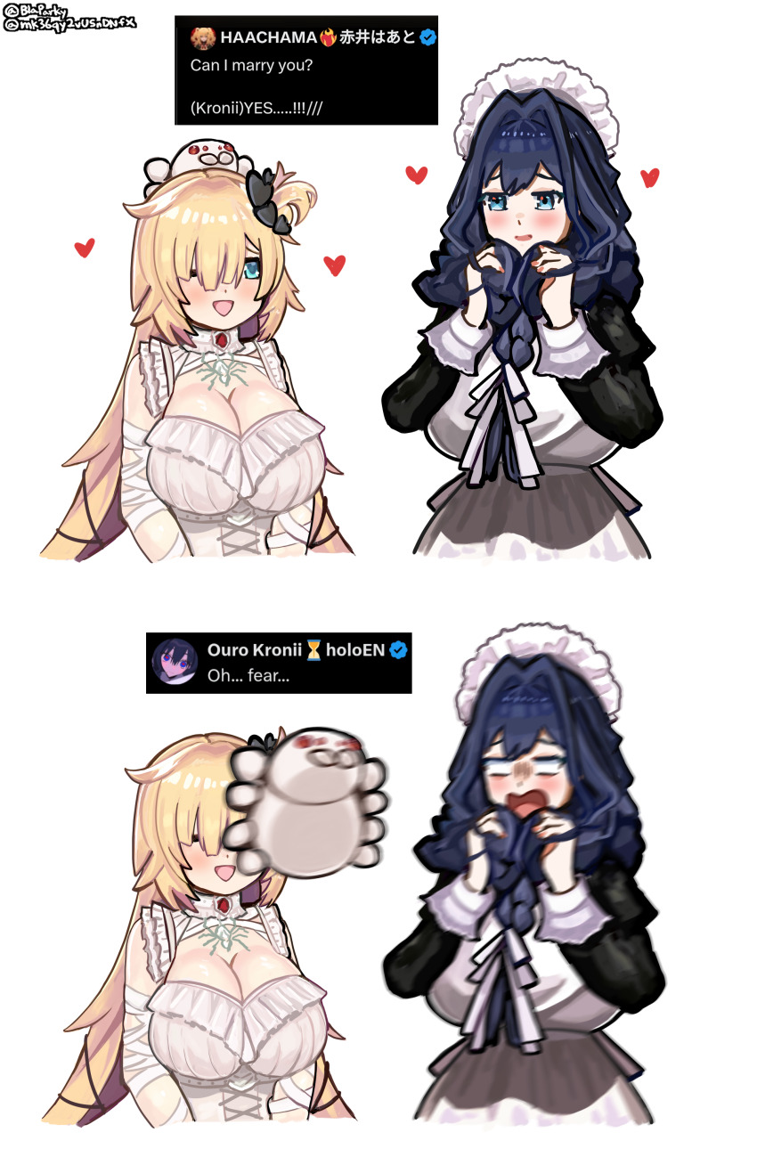2girls absurdres akai_haato akai_haato_(9th_costume) alternate_breast_size apron bandaged_arm bandages black_dress black_hair blaparky blonde_hair blue_eyes bluesky_username braid breasts bug cleavage cross-laced_clothes cross-laced_dress dress hair_ribbon hat heart highres hololive hololive_english huge_breasts insect_on_head large_breasts maid_apron mob_cap multiple_girls official_alternate_costume official_alternate_hairstyle one_eye_closed one_side_up ouro_kronii ouro_kronii_(maid) ribbon screenshot_inset spider twin_braids twitter_screenshot twitter_username virtual_youtuber white_apron white_dress