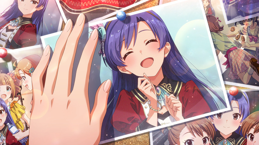 1girl akizuki_ritsuko amami_haruka blue_hair blush bracelet brooch brown_eyes closed_eyes commentary_request fingernails futami_ami futami_mami game_cg hairband hands_up happy idolmaster idolmaster_(classic) idolmaster_million_live! idolmaster_million_live!_theater_days jewelry kisaragi_chihaya lens_flare light_particles long_hair long_sleeves official_art open_mouth photo_(object) puffy_sleeves smile takatsuki_yayoi takayama_sayoko third-party_source yabuki_kana