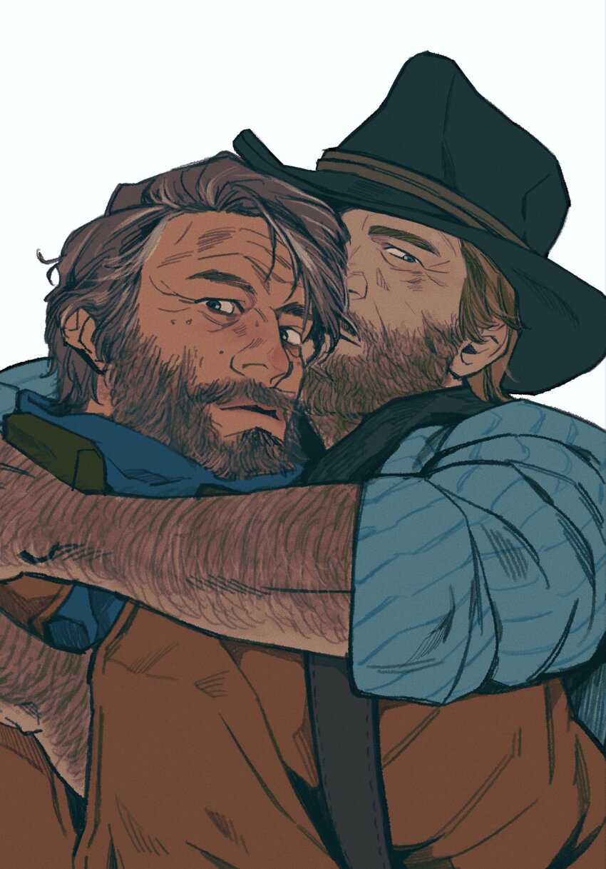 2boys alternate_costume arthur_morgan bara beard bonjourdraws brokeback_mountain brown_hair character_request check_character connected_beard couple cowboy_hat cowboy_western facial_hair full_beard hand_under_clothes hat highres hug looking_at_viewer male_focus mature_male multiple_boys parody short_hair thick_arm_hair thick_eyebrows upper_body