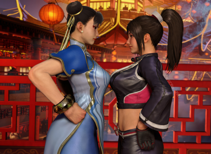 2girls 3d akiman_pose black_gloves black_jacket black_pants bracelet breast_press breasts capcom chun-li cropped_jacket crossover double_bun earrings eye_contact eyeshadow fatal_fury fatal_fury:_city_of_the_wolves female_focus gloves hair_bun hair_ribbon high_ponytail highres jacket jewelry large_breasts leather leather_jacket leather_pants looking_at_another makeup motoyui multiple_girls pants pearl_earrings ponytail ribbon rivalry shiranui_mai smile snk street_fighter street_fighter_6 upper_body yellow_ribbon