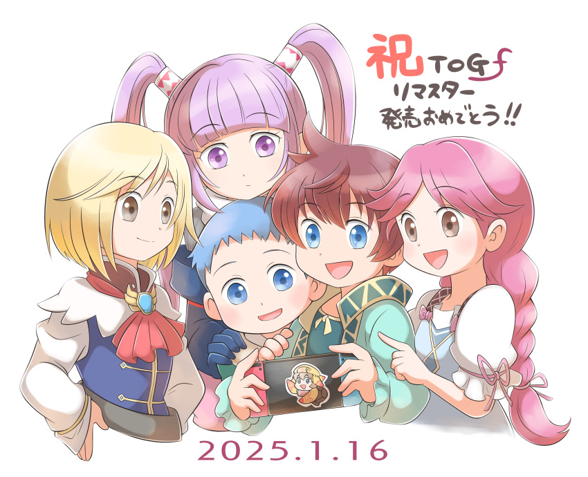 2girls 3boys absurdres aged_down aogaeru_(pixiv46613656) asbel_lhant ascot black_gloves blonde_hair blue_brooch blue_dress blue_eyes blue_gemstone blue_hair brothers brown_eyes brown_hair character_sticker cheria_barnes child closed_mouth commentary copyright_name cropped_torso dated dot_nose dress gem gloves hand_on_another&#039;s_shoulder handheld_game_console hands_on_own_hips highres holding holding_handheld_game_console hubert_ozwell long_hair looking_at_another low-tied_long_hair multiple_boys multiple_girls nintendo_switch open_mouth pink_hair playing_games pointing ponytail puffy_short_sleeves puffy_sleeves purple_eyes purple_hair red_ascot richard_(tales) short_sleeves siblings simple_background smile sophie_(tales) tales_of_(series) tales_of_graces tales_of_graces_f translated turtlez twintails white_background