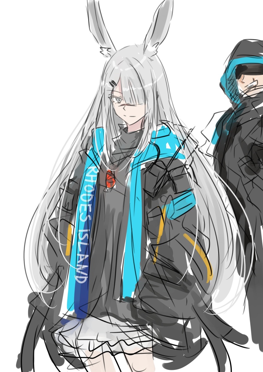 1girl absurdres animal_ear_fluff animal_ears arknights black_jacket character_request closed_mouth commentary_request frostnova_(arknights) grey_eyes grey_hair grey_shirt grin hair_ornament hair_over_one_eye hairclip highres hood hood_up jacket ken_(shutenndouji1) open_clothes open_jacket rabbit_ears shirt simple_background sketch smile solo solo_focus white_background