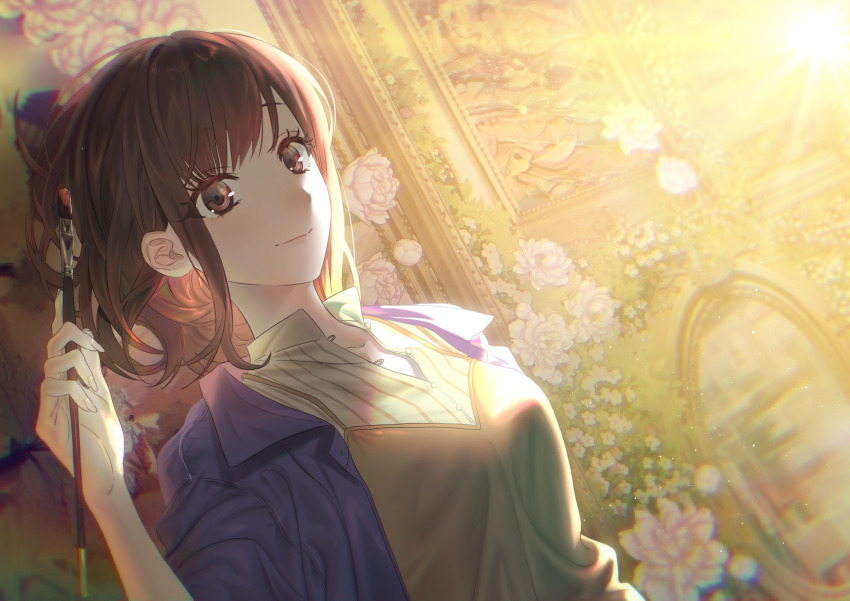 1girl absurdres architecture art_brush blurry blurry_background brown_eyes brown_hair brown_jumpsuit bud carnation chromatic_aberration closed_mouth collarbone collared_shirt colorful_festival_(project_sekai) dutch_angle eyelashes eyes_visible_through_hair facing_viewer fingernails flower greco-roman_architecture hair_behind_ear hand_rest happy high_collar highres holding holding_brush jumpsuit lens_flare light_particles light_rays long_eyelashes looking_ahead medium_hair mirror official_alternate_costume official_alternate_hairstyle ojing_oppa_(o_b_s_00) paintbrush painting_(object) picture_frame project_sekai shinonome_ena shirt sidelighting sidelocks smile solo spaghetti_strap striped_clothes striped_shirt swept_bangs tareme toggles vegetation vertical-striped_clothes vertical-striped_shirt white_carnation white_flower yellow_shirt