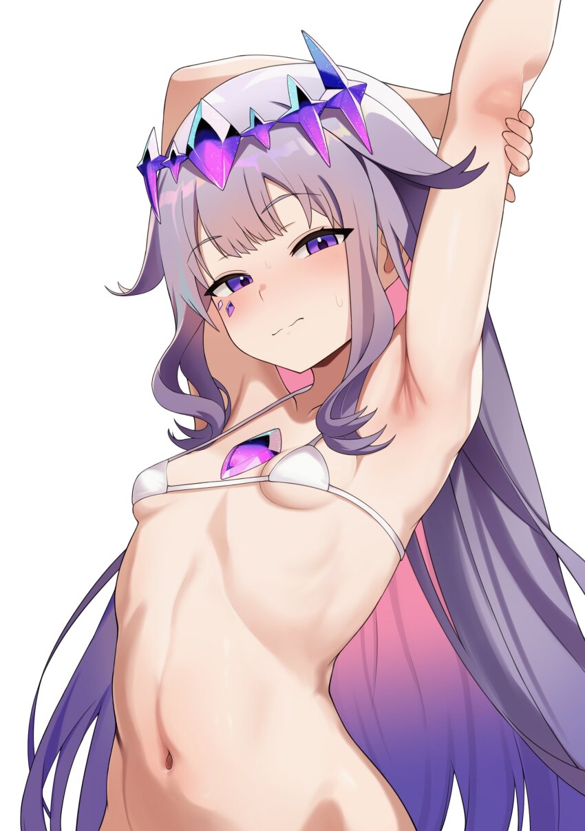 1girl absurdres armpits arms_up bikini blush breasts chest_jewel circlet colored_inner_hair face_jewel gem grey_hair half-closed_eyes highres hololive hololive_english jewel_under_eye koseki_bijou loli long_hair looking_at_viewer micro_bikini mikoscrub multicolored_hair navel pink_hair purple_eyes purple_gemstone simple_background small_breasts solo stretching swimsuit virtual_youtuber white_background white_bikini