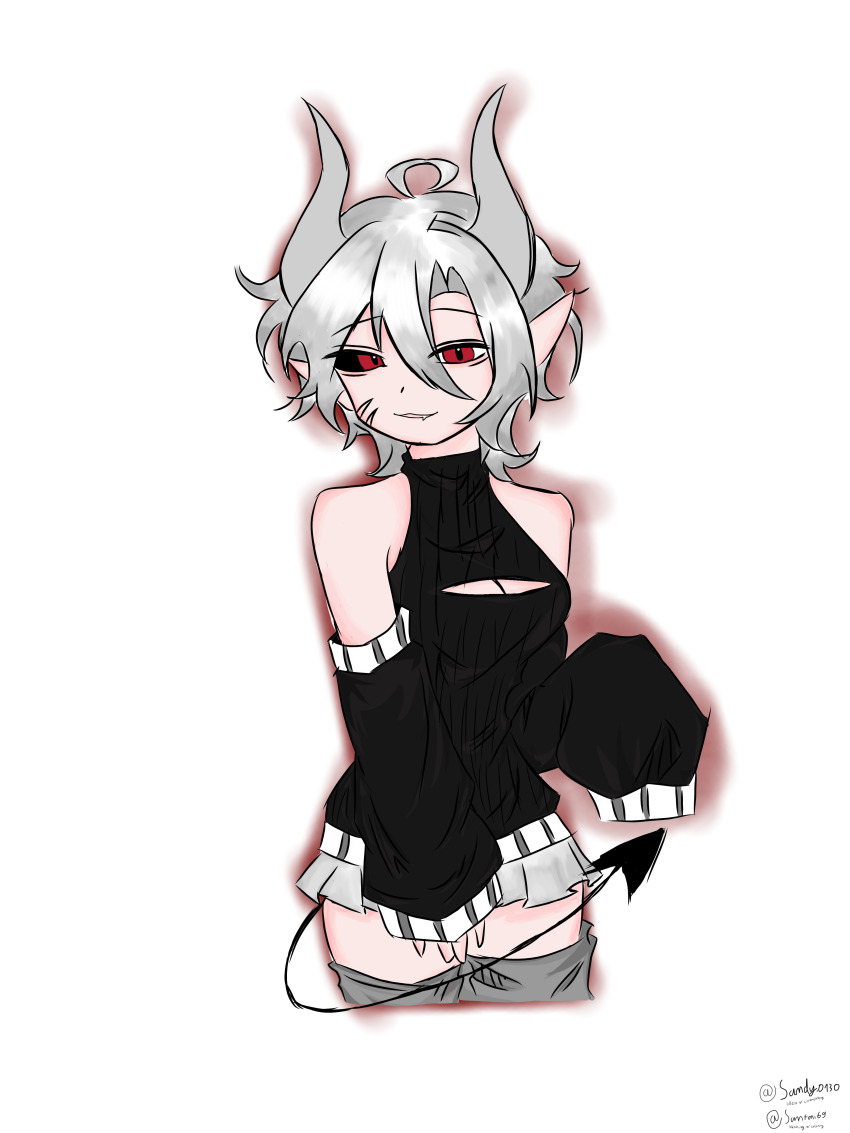 1girl absurdres black_sweater demon_horns demon_tail highres horns non-web_source original pointy_ears red_eyes short_hair skirt sweater tail white_hair white_skirt