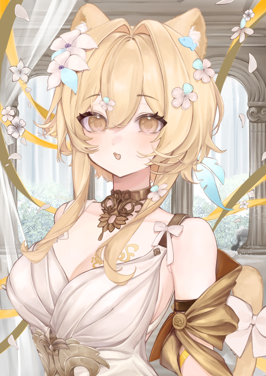 1girl absurdres aglaea_(honkai:_star_rail) aglaea_(honkai:_star_rail)_(cosplay) animal_ear_fluff animal_ears bare_shoulders blonde_hair bow breasts cat_ears cat_tail choker cleavage cosplay dress flower genshin_impact hair_flower hair_ornament highres honkai:_star_rail honkai_(series) large_breasts lumine_(genshin_impact) mihoyo open_mouth sakusaku_(616saku) short_hair_with_long_locks solo tail tail_bow tail_ornament upper_body white_bow white_dress white_flower yellow_eyes