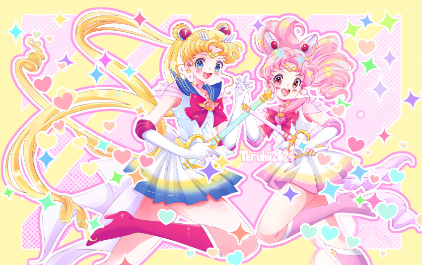 absurdres bishoujo_senshi_sailor_moon blonde_hair blue_eyes blue_sailor_collar blush boots bow chibi_moon_kaleido_scope_(sailor_moon_eternal) chibi_usa double_bun gloves hair_bun heart high_heel_boots high_heels highres holding holding_hands holding_weapon leg_up long_hair moon_kaleido_scope_(sailor_moon_eternal) multicolored_background pink_eyes pink_hair pink_sash sailor_chibi_moon sailor_collar sailor_moon sailor_senshi_uniform sash signature skirt standing standing_on_one_leg star_(symbol) super_sailor_chibi_moon super_sailor_moon teruhii tiara tsukino_usagi very_long_hair weapon