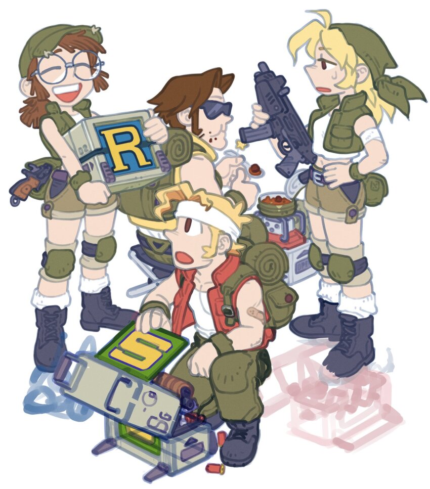 2boys 2girls back brown_hair cameron_sewell crop_top eating fio_germi glasses gun highres jacket kasamoto_eri long_hair marco_rossi medium_hair metal_slug multiple_boys multiple_girls ponytail short_hair shorts sleeveless tarma_roving weapon