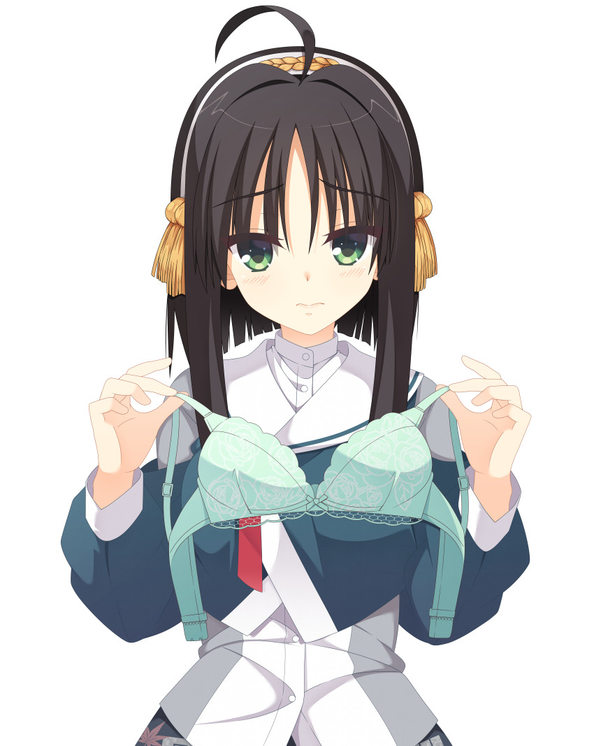 1girl 3: absurdres ahoge black_hair blush bra closed_mouth commentary embarrassed eyes_visible_through_hair floral_print floral_print_bra green_bra green_eyes green_jacket hair_between_eyes hair_intakes hair_ornament hairband hands_up highres hitachi_mako holding holding_bra holding_underwear holding_unworn_clothes jacket kaon_zz lingerie lips long_sleeves looking_at_viewer presenting_bra print_bra rose_print sailor_collar school_uniform senren_banka serafuku shirt short_hair_with_long_locks simple_background solo straight_hair tassel tassel_hair_ornament underwear upper_body white_background white_hairband white_sailor_collar white_shirt