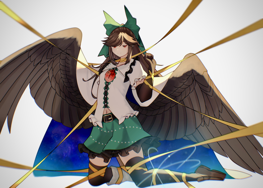 1girl absurdres atom belt bird_wings black_belt black_thighhighs bow brown_gloves brown_hair brown_shoes brown_wings cape closed_mouth commentary_request cosmos_0131 elbow_gloves expressionless feathered_wings frilled_shirt_collar frilled_skirt frilled_sleeves frills full_body gloves green_bow green_skirt hair_bow highres kneeling loafers long_hair looking_down navel print_cape red_eyes reiuji_utsuho restrained ribbon shirt shoes sidelocks simple_background skirt solo starry_sky_print swept_bangs thighhighs third_eye touhou two-sided_cape two-sided_fabric white_background white_cape white_shirt wings yellow_ribbon