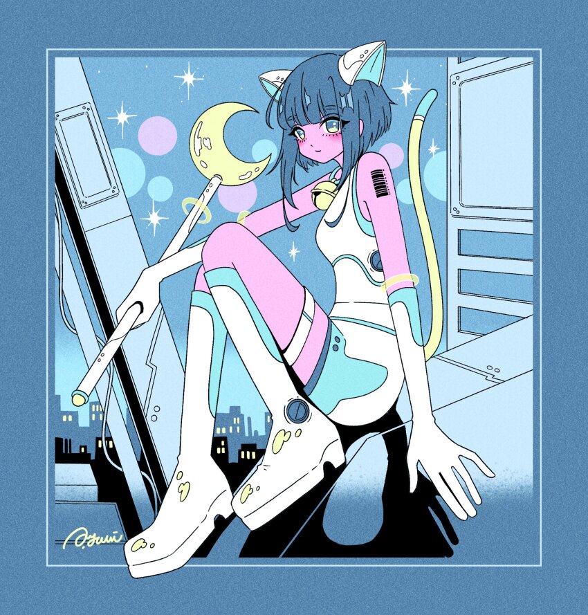 1girl animal_ears arm_tattoo bell blue_border blue_eyes blue_hair blunt_bangs blurry blush bokeh boots border cat_ears cat_tail cityscape closed_mouth commentary depth_of_field elbow_gloves full_body gloves hair_between_eyes highres holding holding_wand jingle_bell knee_boots looking_at_viewer nakazawa_ayami original shadow shirt short_hair shorts sitting skyline sleeveless sleeveless_shirt smile solo symbol-only_commentary tail tattoo wand white_boots white_gloves white_shirt white_shorts