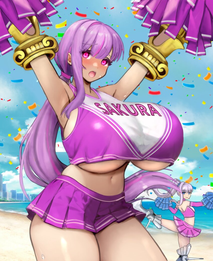 2girls absurdres arms_up bare_shoulders beach blue_ribbon blue_sky blush breasts cheerleader claw_(weapon) confetti cropped_shirt fate/grand_order fate_(series) hair_ribbon highres huge_breasts long_hair looking_at_viewer meltryllis_(fate) miniskirt multiple_girls navel open_mouth passionlip_(fate) pink_eyes pink_ribbon pom_pom_(cheerleading) ponytail prosthesis prosthetic_leg purple_hair purple_shirt purple_skirt raskasar ribbon shirt skirt sky sleeveless sleeveless_shirt small_breasts solo_focus thighs underboob very_long_hair weapon