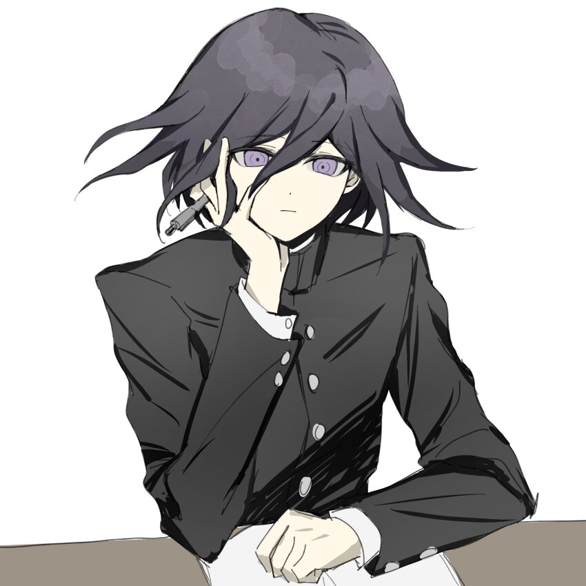 1boy black_hair buttons closed_mouth danganronpa_(series) danganronpa_v3:_killing_harmony desk expressionless flipped_hair gakuran hair_between_eyes highres jacket long_sleeves looking_at_viewer male_focus medium_hair oma_kokichi pen purple_eyes purple_hair ringed_eyes school_uniform simple_background solo upper_body white_background xiaoxinxiaoxin