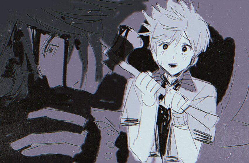 2boys axe blood blood_on_axe blood_on_face fingerless_gloves gloves greyscale hat_babo holding holding_axe kingdom_hearts male_focus monochrome multiple_boys nervous_sweating open_mouth parted_lips roxas short_hair sketch smile sora_(kingdom_hearts) spiked_hair sweat wristband